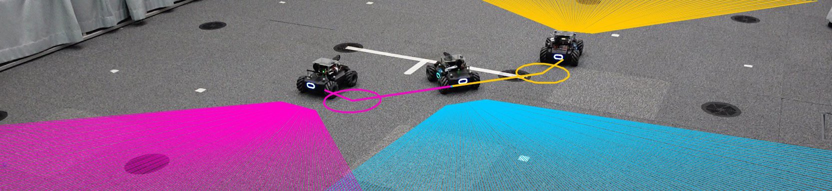 CoViS-Net controls three robots in formation using visual relative-pose estimates, with cyan, magenta, and yellow fields of view.