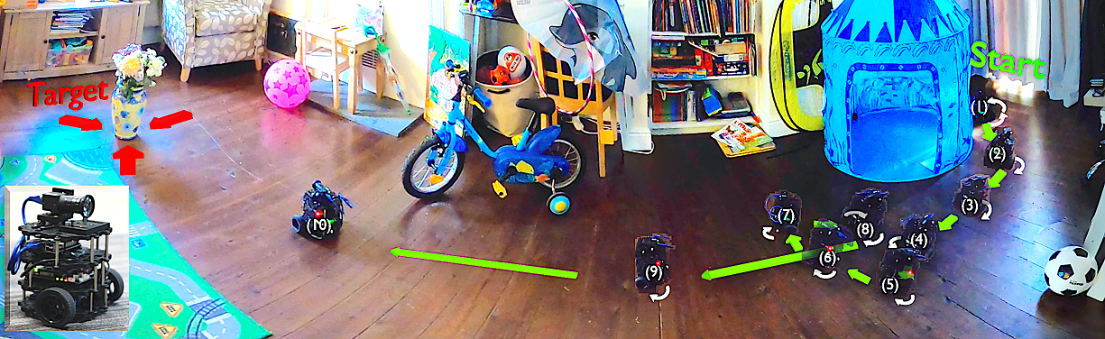 NavACL ground robot navigating through an unfamiliar cluttered house toward a vase target.
